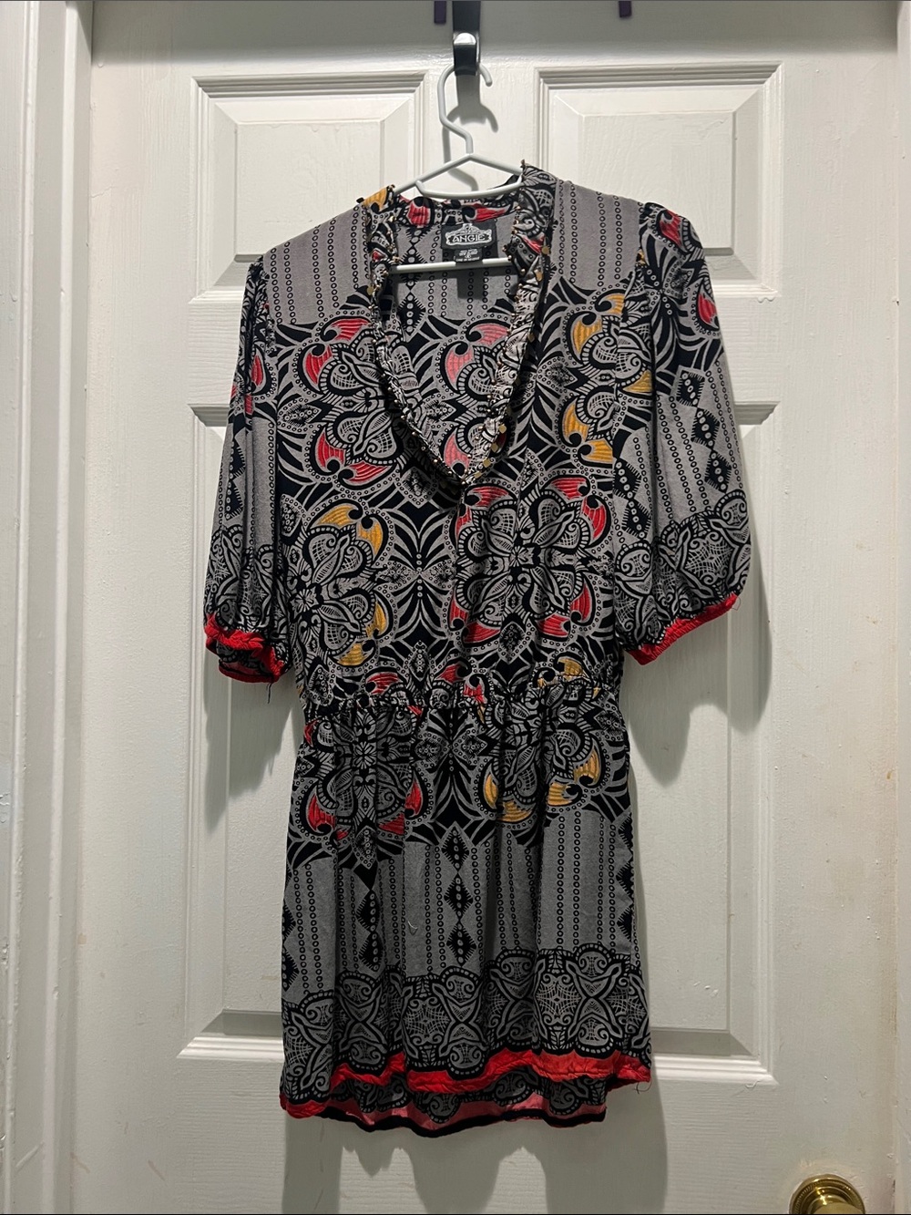 Angie Boho Floral Print Short Dress in Black, Red & Yellow
